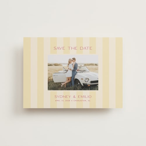 This is a lemon save the date postcards with standard by Ellen Schlegelmilch called palmetto printing on signature in postcard