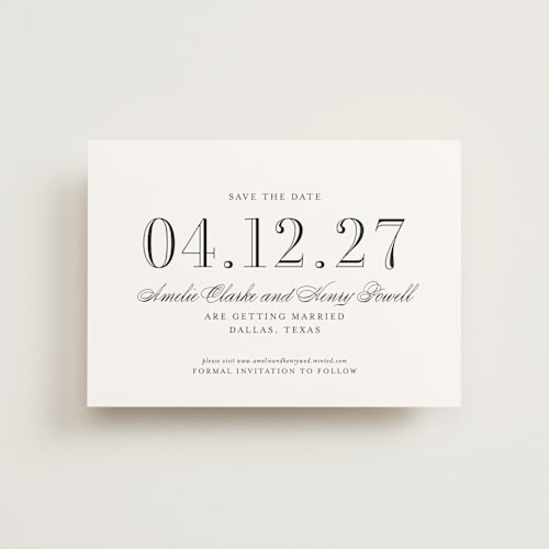 This is a tuxedo save the date postcards with standard by Megan Davis called hepburn printing on signature in postcard