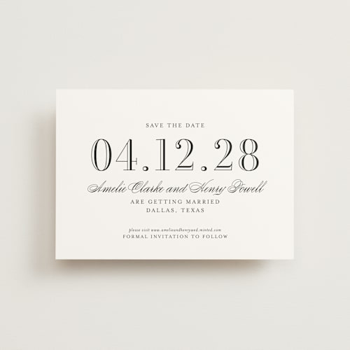 This is a tuxedo save the date postcards with standard by Megan Davis called hepburn printing on signature in postcard