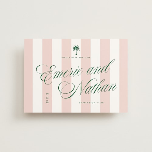 This is a taffy save the date postcards with standard by Susan Zinader called palm stripes printing on signature in postcard
