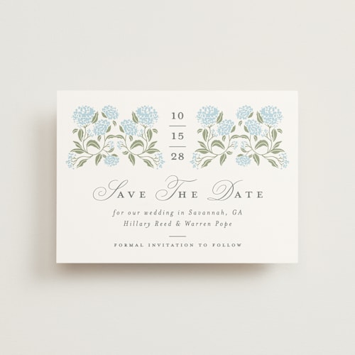 This is a nantucket save the date postcards with standard by Susan Zinader called hydrangea hedge printing on signature in postcard