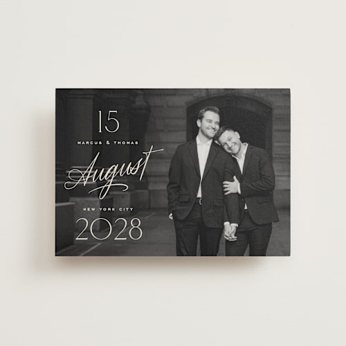 This is a ivory save the date postcards with standard by Oscar and Emma - Karly Depew called the date is set printing on signature in postcard