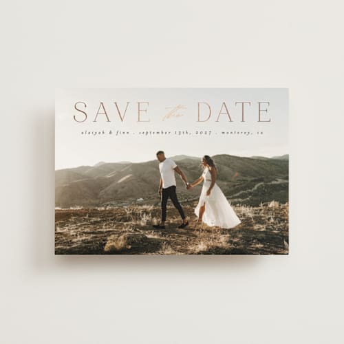 This is a charcoal save the date postcards with foil pressed by Morgan Kendall called classic lettering printing on signature in postcard