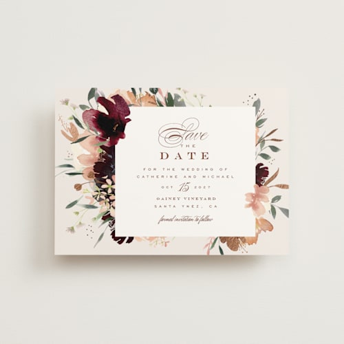 This is a eggshell save the date postcards with foil pressed by Leah Bisch called harvest printing on signature in postcard