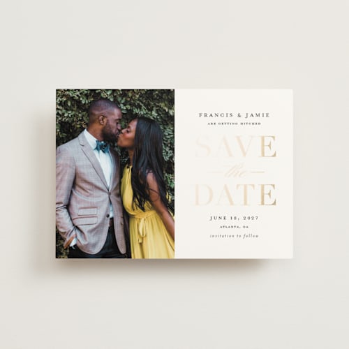This is a gold giltz save the date postcards with foil pressed by Stacey Meacham called simply striking printing on signature in postcard