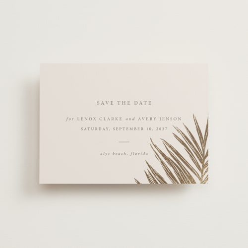 This is a sand save the date postcards with foil pressed by Melinda Denison called gilded palm printing on signature in postcard