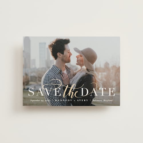 This is a sky save the date postcards with foil pressed by Jessica Williams called intrigue printing on signature in postcard