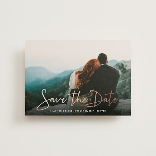 This is a winter save the date postcards with foil pressed by Hooray Creative called stylish script printing on signature in postcard