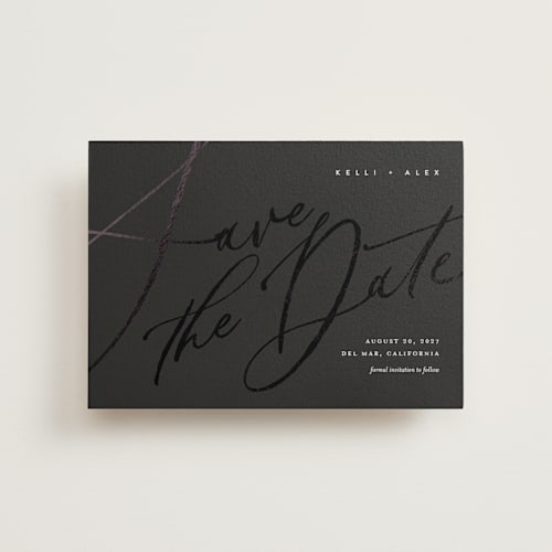 This is a noir save the date postcards with foil pressed by Eric Clegg called brush script printing on signature in postcard