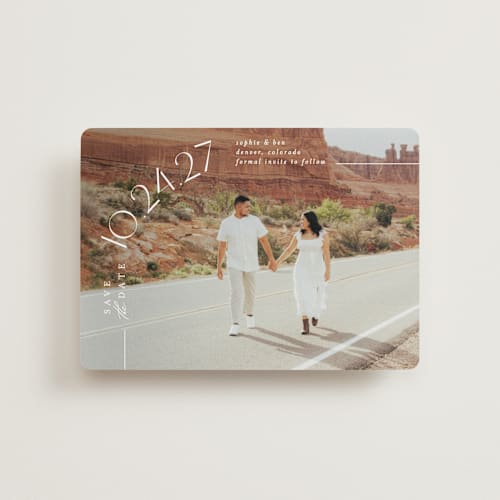 This is a pearl petite save the dates with standard by Brooke Chandler called curved date printing on recycled smooth signature in petite