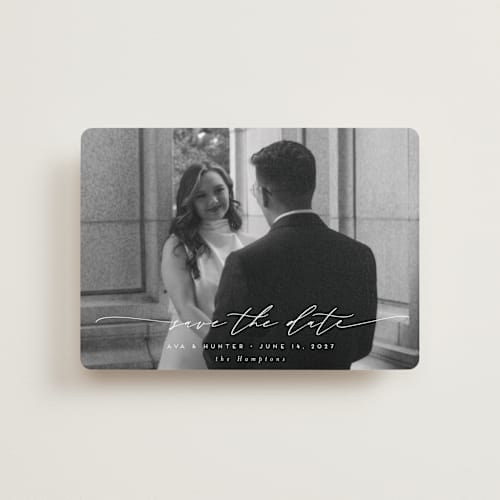 This is a snow petite save the dates with standard by Nicoletta Savod called for forever printing on recycled smooth signature in petite