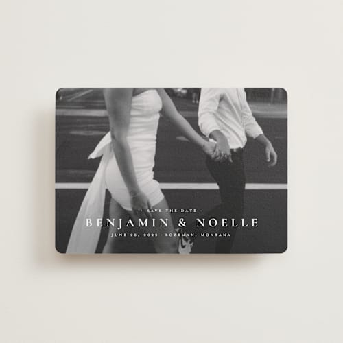 This is a cloud petite save the dates with standard by Wildfield Paper Co called the classic printing on recycled smooth signature in petite