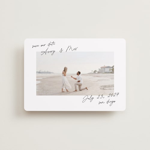 This is a pearl petite save the dates with standard by Lindsay Megahed called joyful jot printing on recycled smooth signature in petite