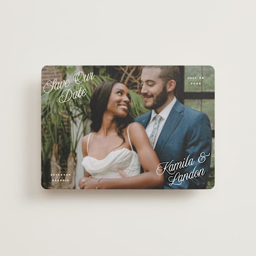 This is a cloud petite save the dates with standard by Hooray Creative called all four corners printing on recycled smooth signature in petite