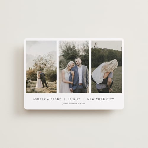 This is a slate petite save the dates with standard by Jula Paper Co. called maybe im amazed printing on recycled smooth signature in petite