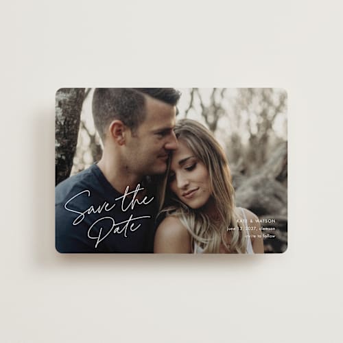 This is a canvas petite save the dates with standard by Stacey Meacham called heartfelt printing on recycled smooth signature in petite