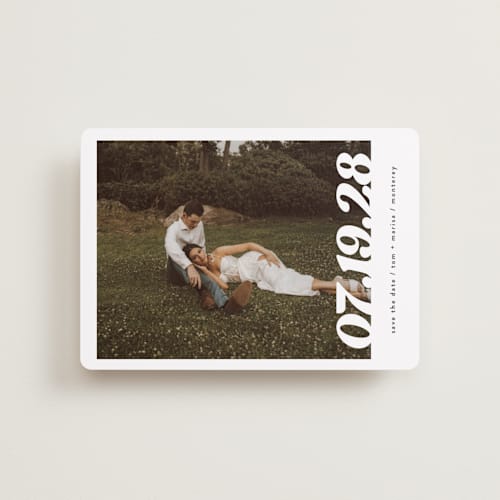 This is a pearl petite save the dates with standard by Christie Garcia called sidele printing on recycled smooth signature in petite