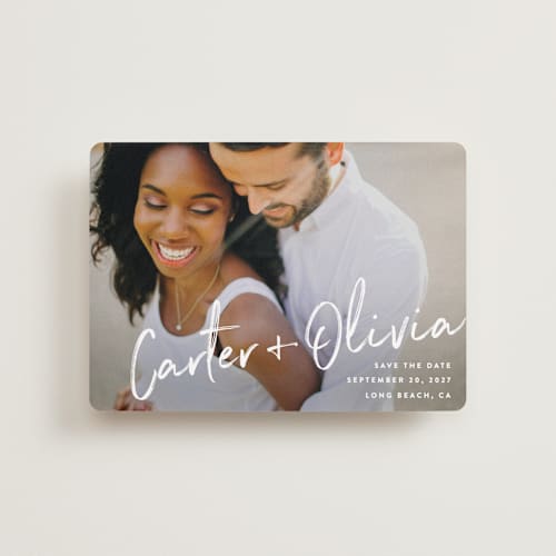 This is a pearl petite save the dates with standard by Owl and Toad called signature printing on recycled smooth signature in petite