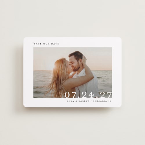 This is a cloud petite save the dates with standard by Lindsay Megahed called minimal message printing on recycled smooth signature in petite