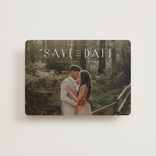 This is a quartz petite save the dates with standard by Kristie Kern called enchant printing on recycled smooth signature in petite