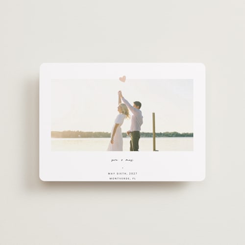 This is a camellia petite save the dates with standard by Blustery August called camellia printing on recycled smooth signature in petite