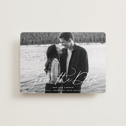 This is a snowfall petite save the dates with standard by Lauren Chism called subtle rise printing on recycled smooth signature in petite