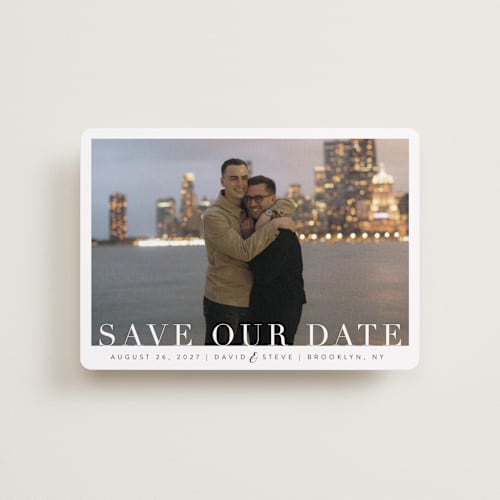 This is a clouds petite save the dates with standard by Kasia Labocki called simple elegance printing on recycled smooth signature in petite