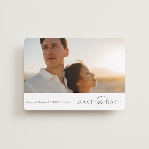 This is a onyx petite save the dates with standard by Mansi Verma called eternal flame printing on recycled smooth signature in petite