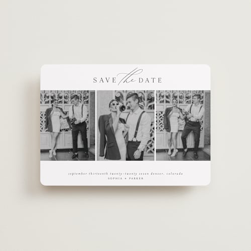 This is a dusk petite save the dates with standard by Grace Kreinbrink called scripted multi printing on recycled smooth signature in petite