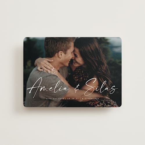 This is a marshmallow petite save the dates with standard by Lea Delaveris called because of you printing on recycled smooth signature in petite