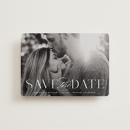 This is a cotton petite save the dates with standard by Lauren Chism called ultimate printing on recycled smooth signature in petite