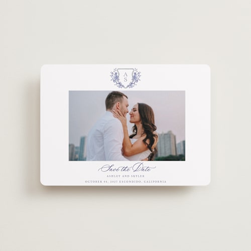 This is a dusty blue petite save the dates with standard by Cass Loh called watercolor flowers crest printing on recycled smooth signature in petite