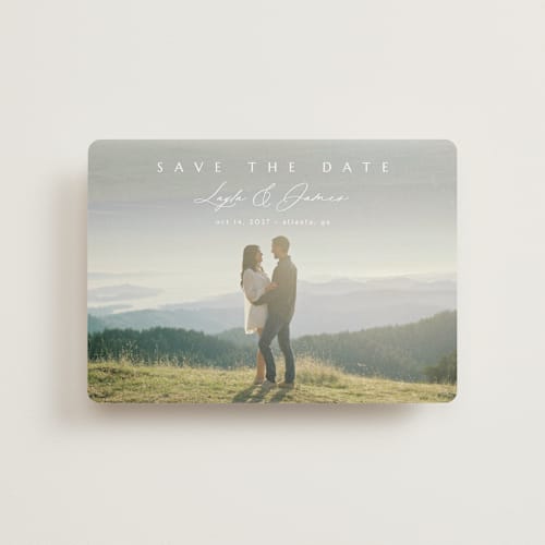 This is a lace petite save the dates with standard by Kaydi Bishop called aloft printing on recycled smooth signature in petite