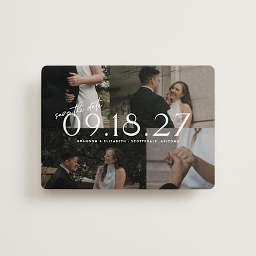 This is a opal petite save the dates with standard by Cat Caudillo called love snaps printing on recycled smooth signature in petite