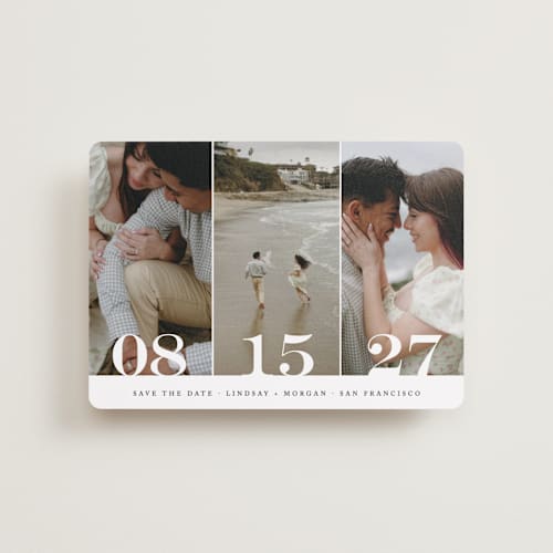 This is a noir petite save the dates with standard by Kimberly FitzSimons called trio printing on recycled smooth signature in petite