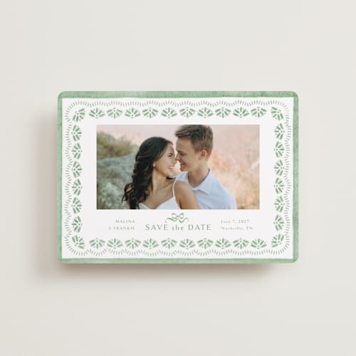 This is a meadow petite save the dates with standard by Melanie Kosuge called charming printing on recycled smooth signature in petite