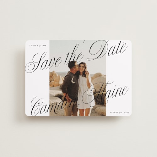 This is a snow petite save the dates with standard by Katharine Watson called bold script frame printing on recycled smooth signature in petite