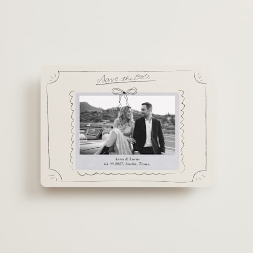 This is a cream petite save the dates with standard by Helena Vitto called easy lover printing on recycled smooth signature in petite