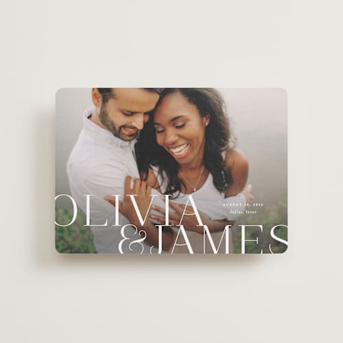 This is a pearl petite save the dates with standard by Lauren Chism called this couple printing on recycled smooth signature in petite