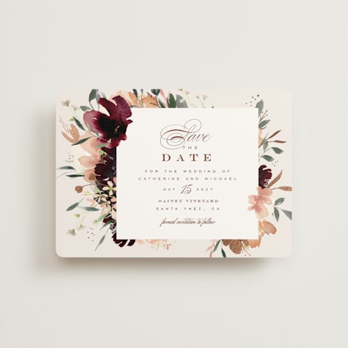 This is a eggshell petite save the dates with foil pressed by Leah Bisch called harvest printing on signature in petite