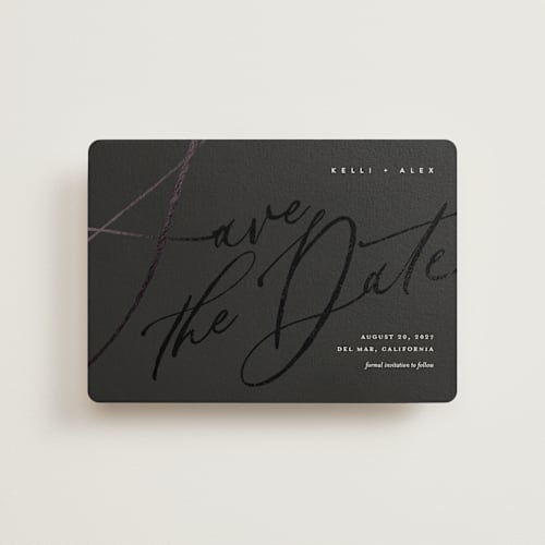 This is a noir petite save the dates with foil pressed by Eric Clegg called brush script printing on signature in petite