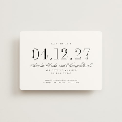 This is a tuxedo petite save the dates with standard by Megan Davis called hepburn printing on signature in petite