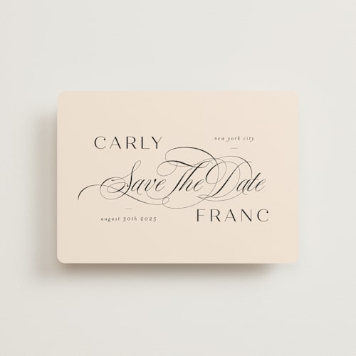 This is a blush petite save the dates with standard by Lori Wemple called soiree printing on signature in petite