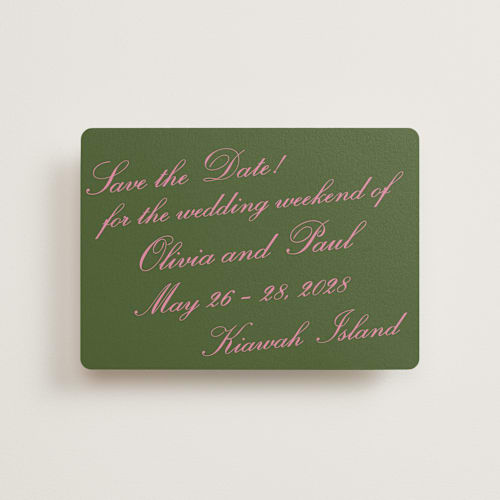 This is a moss petite save the dates with standard by Megan Davis called kiawah printing on signature in petite