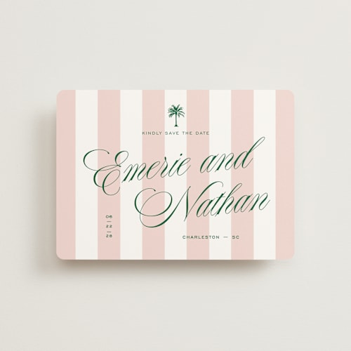 This is a taffy petite save the dates with standard by Susan Zinader called palm stripes printing on signature in petite