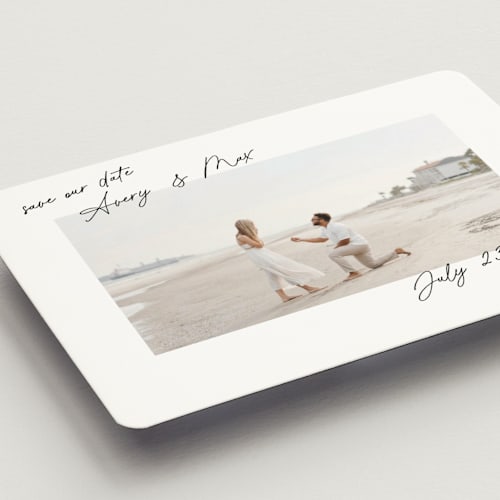 This is a pearl save the date magnets with standard by Lindsay Megahed called joyful jot printing on magnet paper in magnet