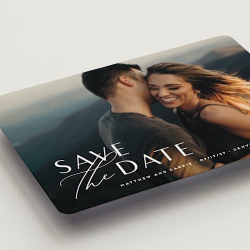This is a pearl save the date magnets with standard by Jennifer Postorino called eloquent printing on magnet paper in magnet