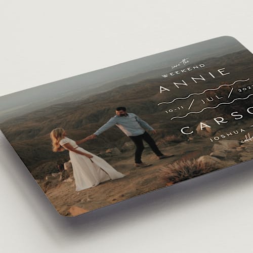 This is a bone save the date magnets with standard by Alaina Cherup called wiggly weekend printing on magnet paper in magnet