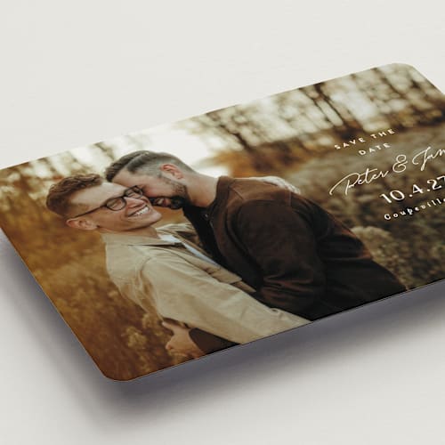 This is a snow save the date magnets with standard by Alethea and Ruth called side stack printing on magnet paper in magnet