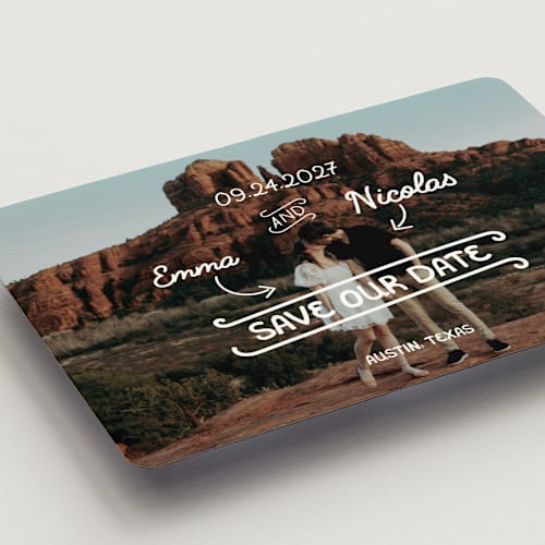 This is a morning save the date magnets with standard by Helena Vitto called love lettering printing on magnet paper in magnet